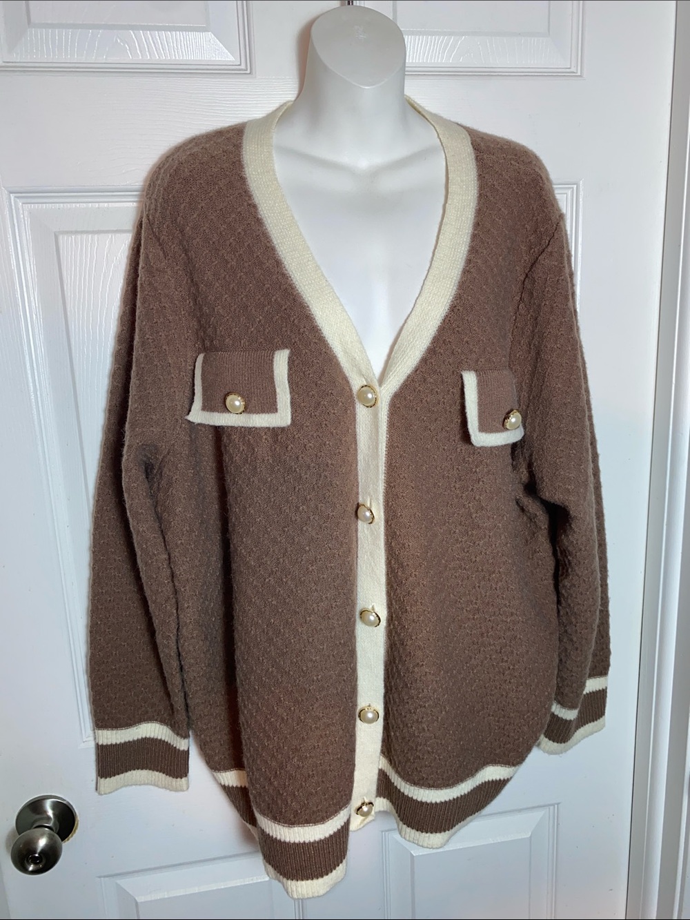 Vintage Women's Brown Cardigan with Cream Trim and Gold Buttons Plus Size 3X